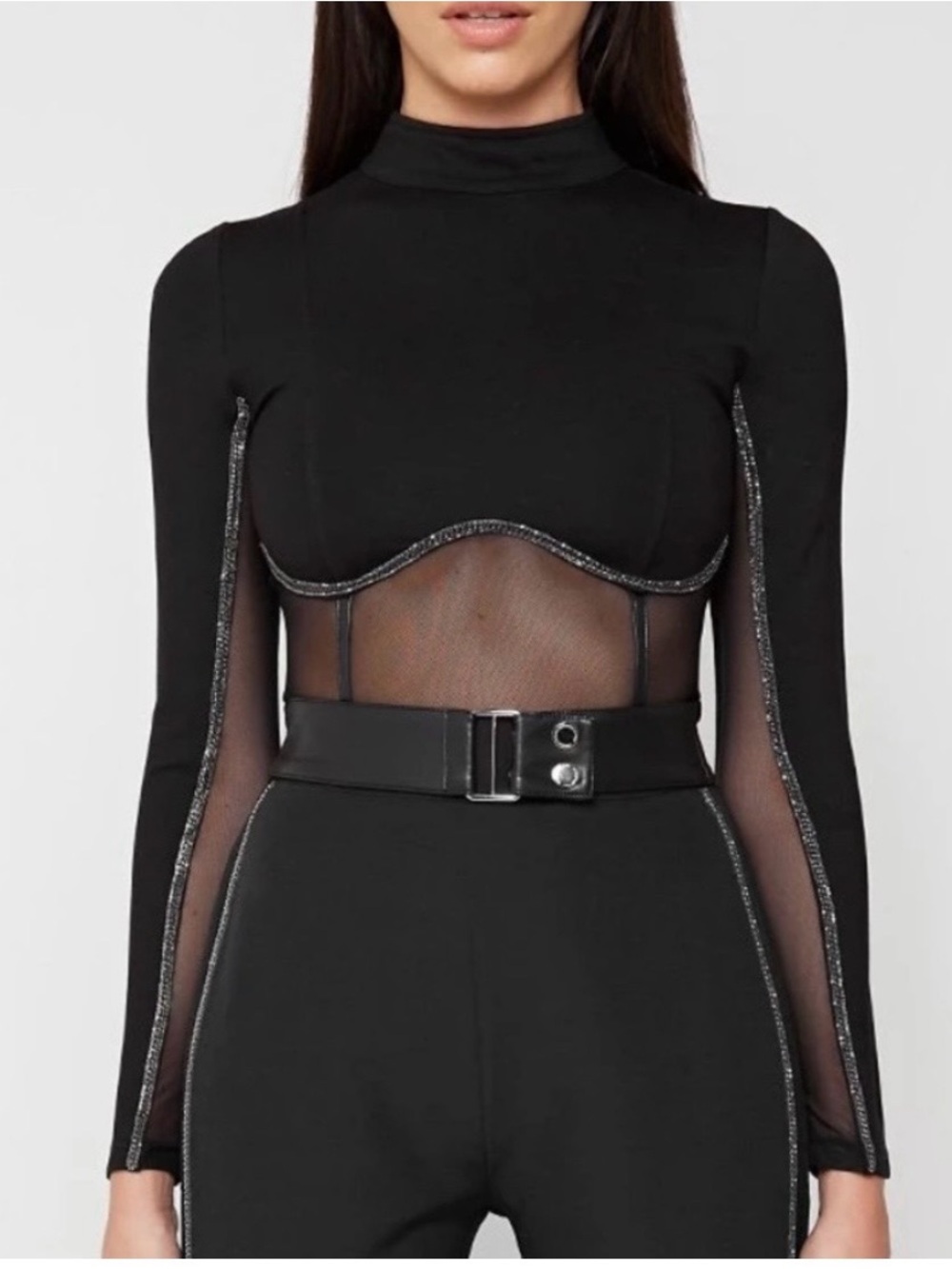 Maniere De Voir Black Sheer Panel Mock Neck Long Sleeve Top